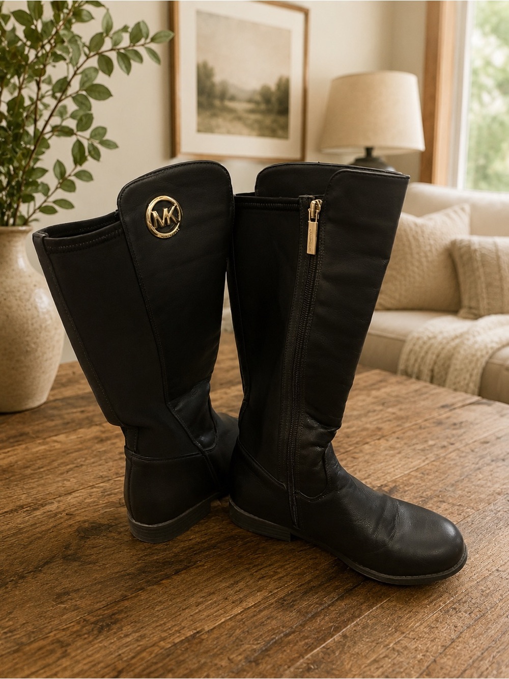 Michael Kors Emma Azalea Brown Youth 3 Black Riding Boots Gold MK Logo